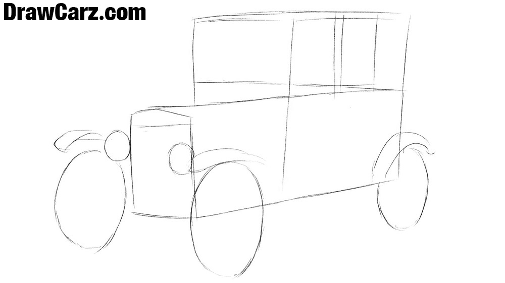 Sketch the wheels, windows, and headlights