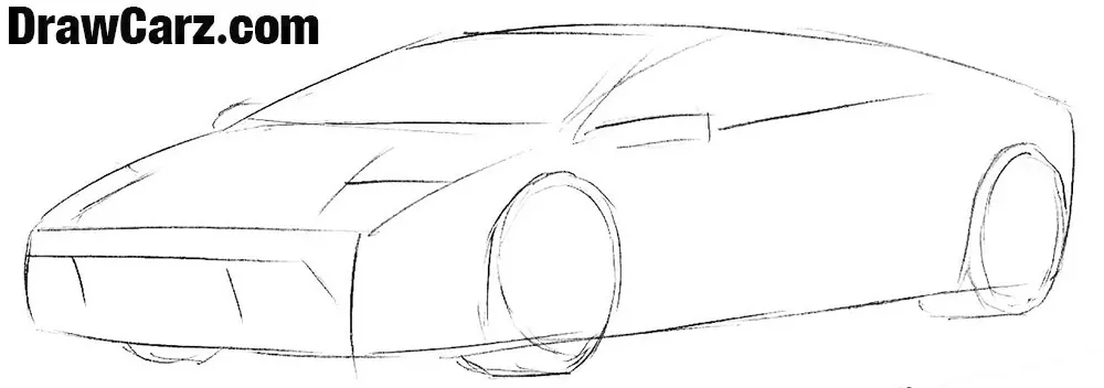 Draw the headlights, arches, and tires of the Lamborghini