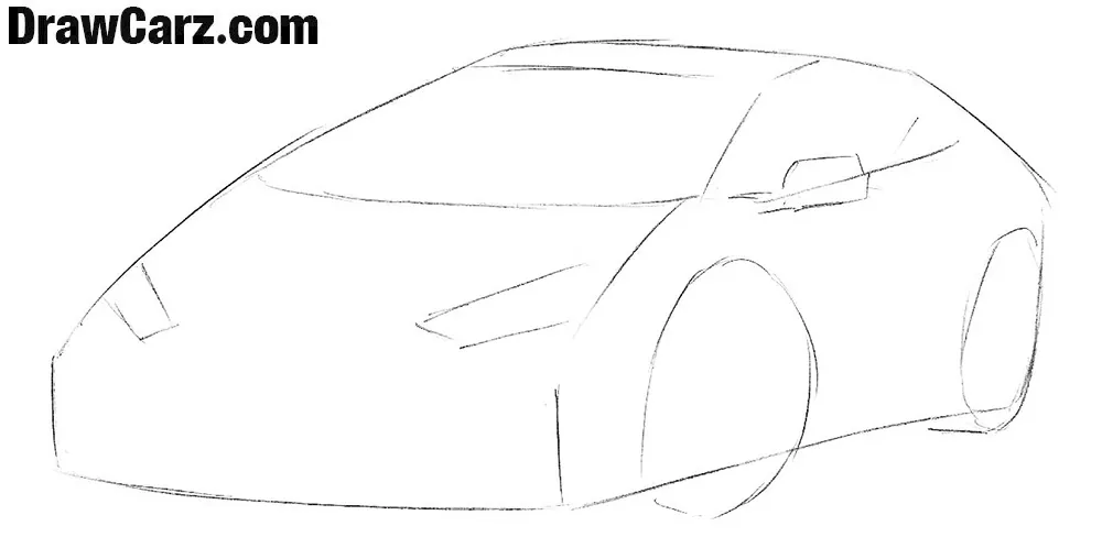 Sketch the headlights, windows, mirrors and wheels