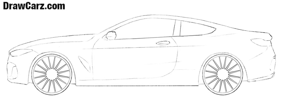 Draw the BMW 8 large wheels and rim outlines