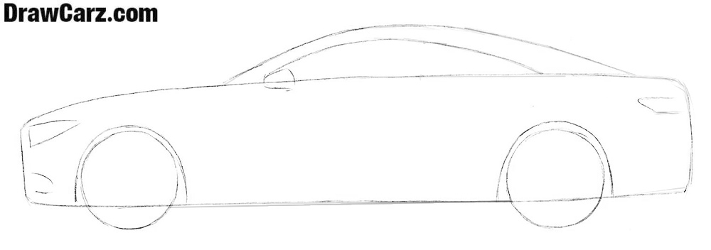 Sketch the car lights, wheels, and windows