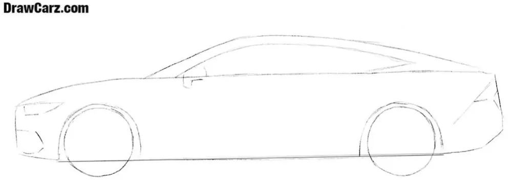 Sketch the Audi A7 headlights, windows, and wheels