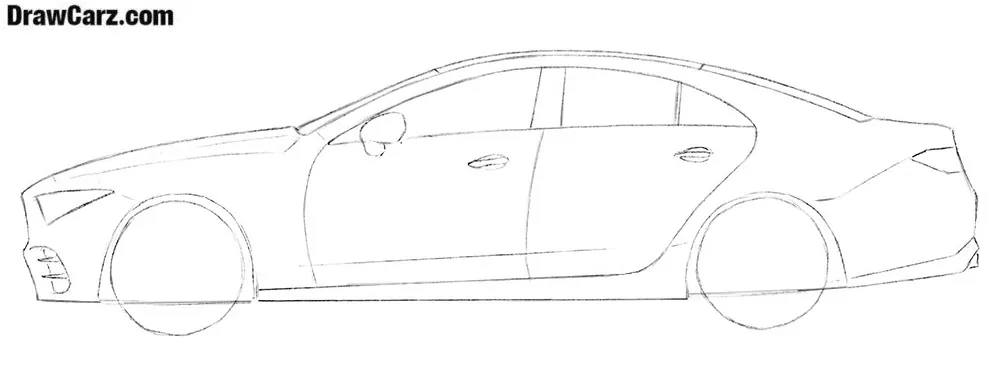 Draw the car doors, handles, and mirror