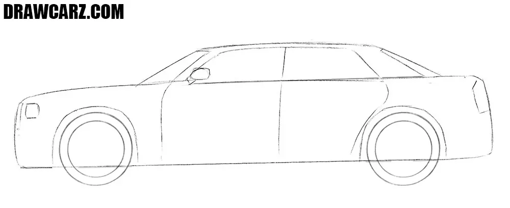 Sketch the door outlines and wheels with arches