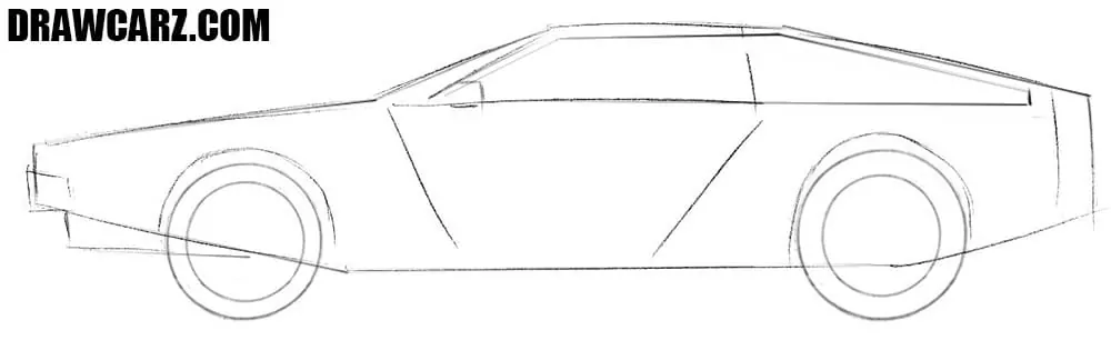 Sketch the rims and gullwing door outline