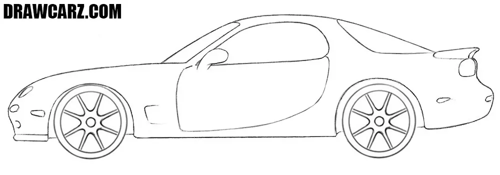Draw the 90s-style alloy rims and trace the wheels