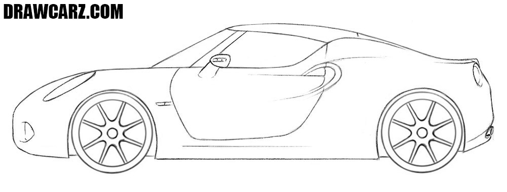 Draw the multi-spoke rims of the roadster