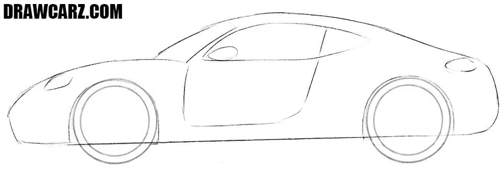 Sketch the rim circles, windshield, and cabin door