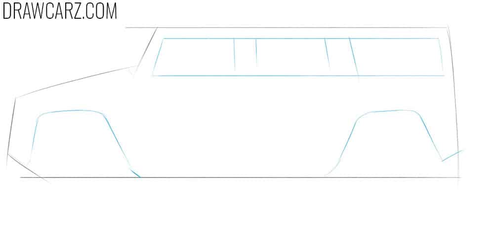 Construct the squared window frames and arches