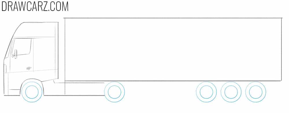 Draw the rows of big wheels of the truck