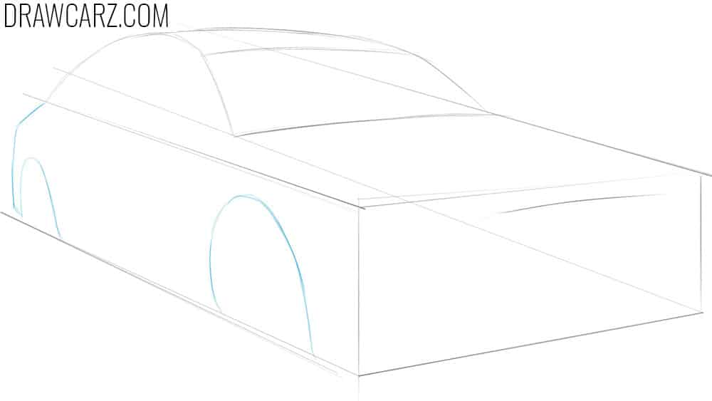 Draw the car’s wheel arches considering perspective