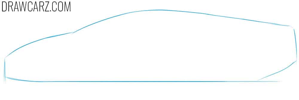 Sketch the cartoon supercar’s low, wide base shape