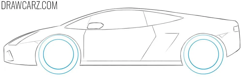 Draw the cartoon wheels of the Lamborghini