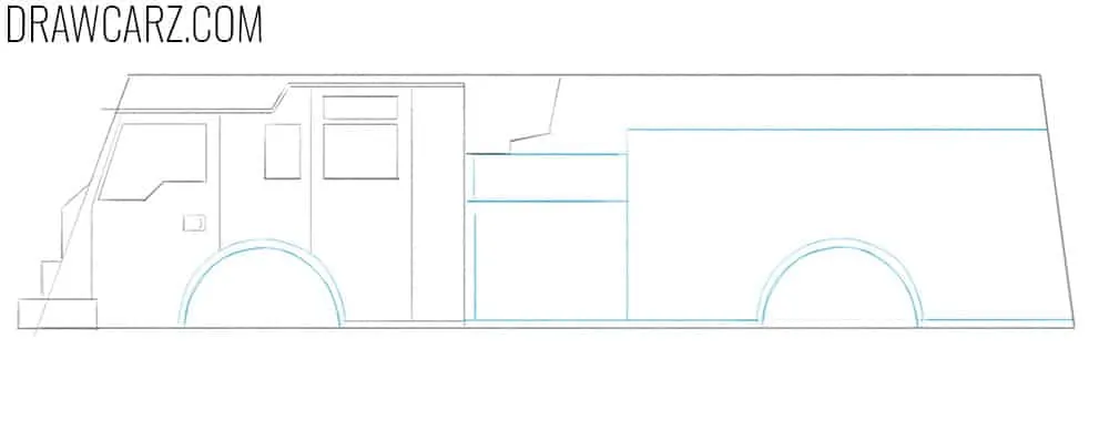 Draw the wheel arches of the fire truck