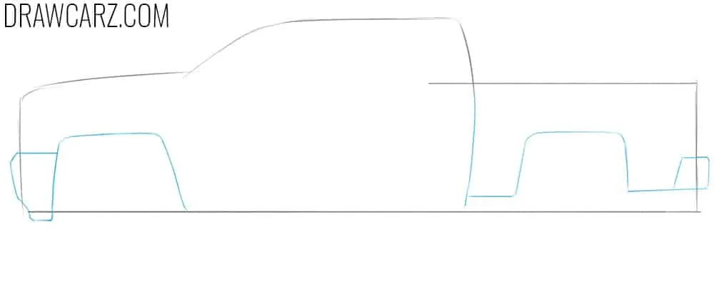 Draw the lifted truck bumpers and arches