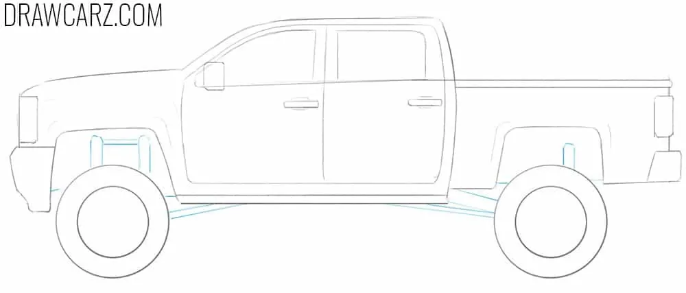Draw the lifted truck visible suspension parts
