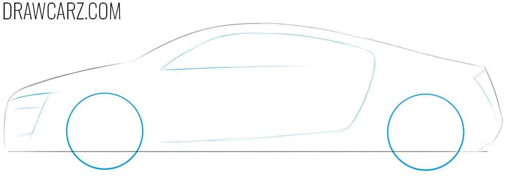 Indicate the tires, windows, and lights