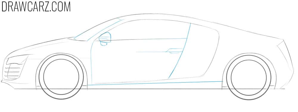 Draw in detail the car door and mirror