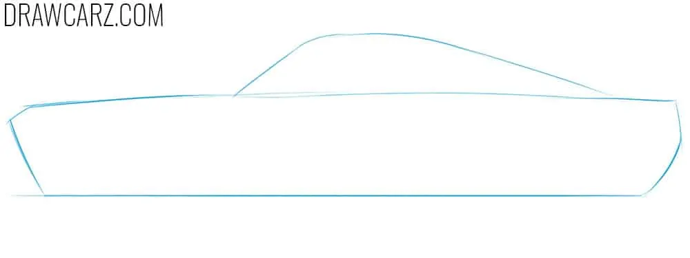 Map the long hood, low roof, and rear slope