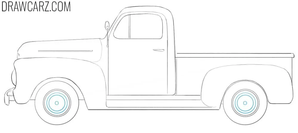 Draw the old fashioned rims of your Ford truck