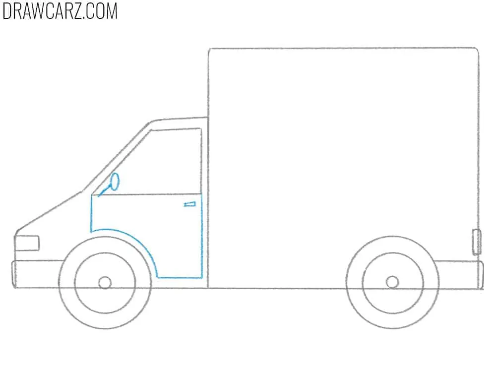 Draw the delivery truck door and mirror