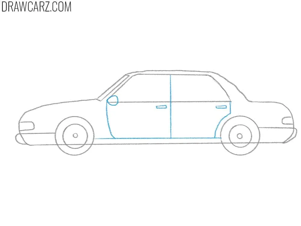 Outline the car doors, handles, and mirror