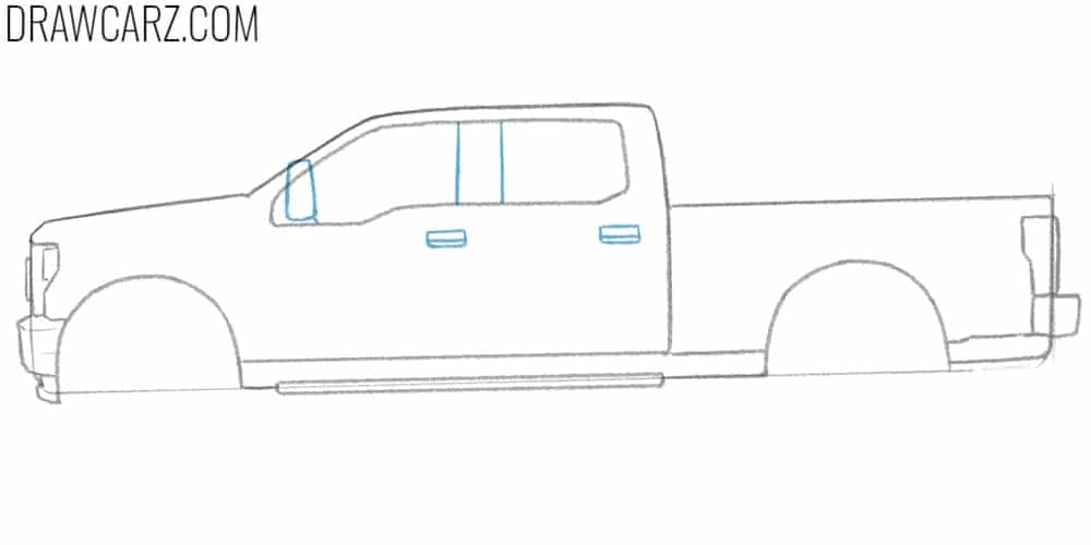 Draw the mirror and handles of the Ford F250