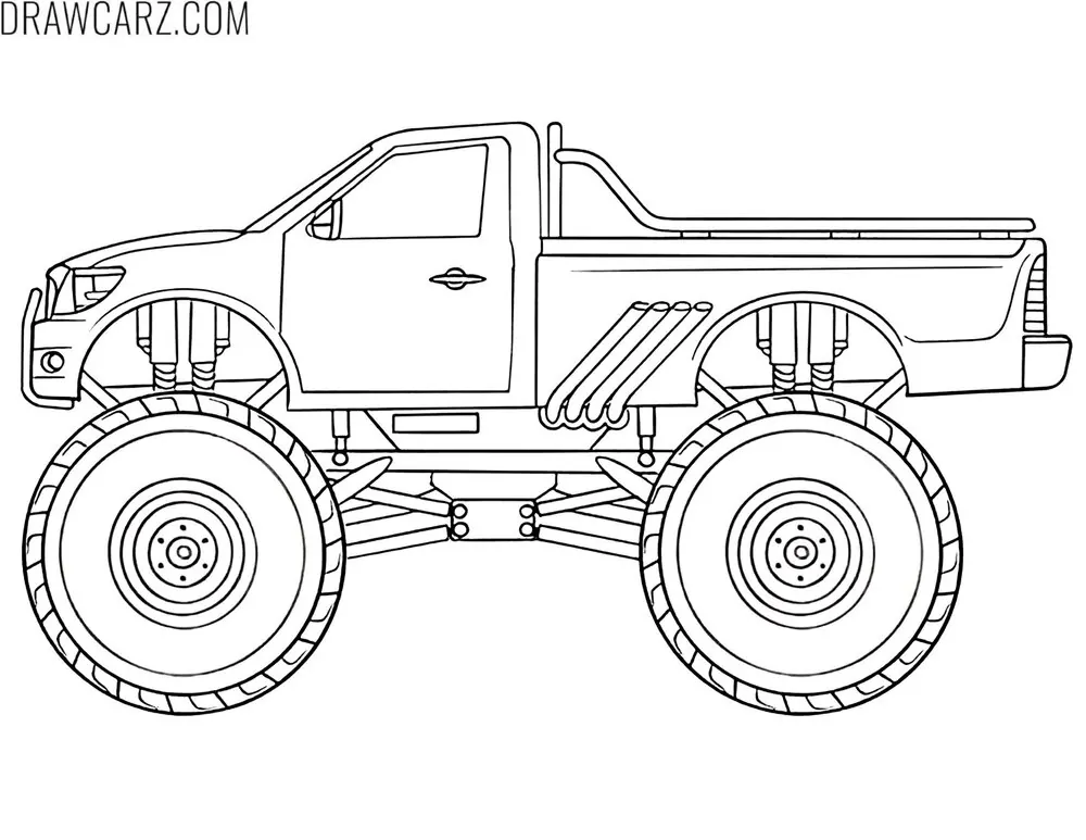 detailed monster truck side view coloring page
