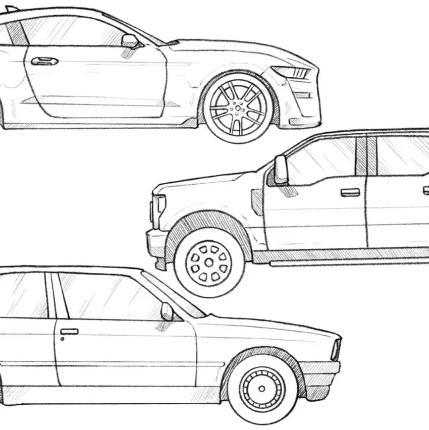 Examples of car drawing tutorials with sports car, pickup truck and old sedan