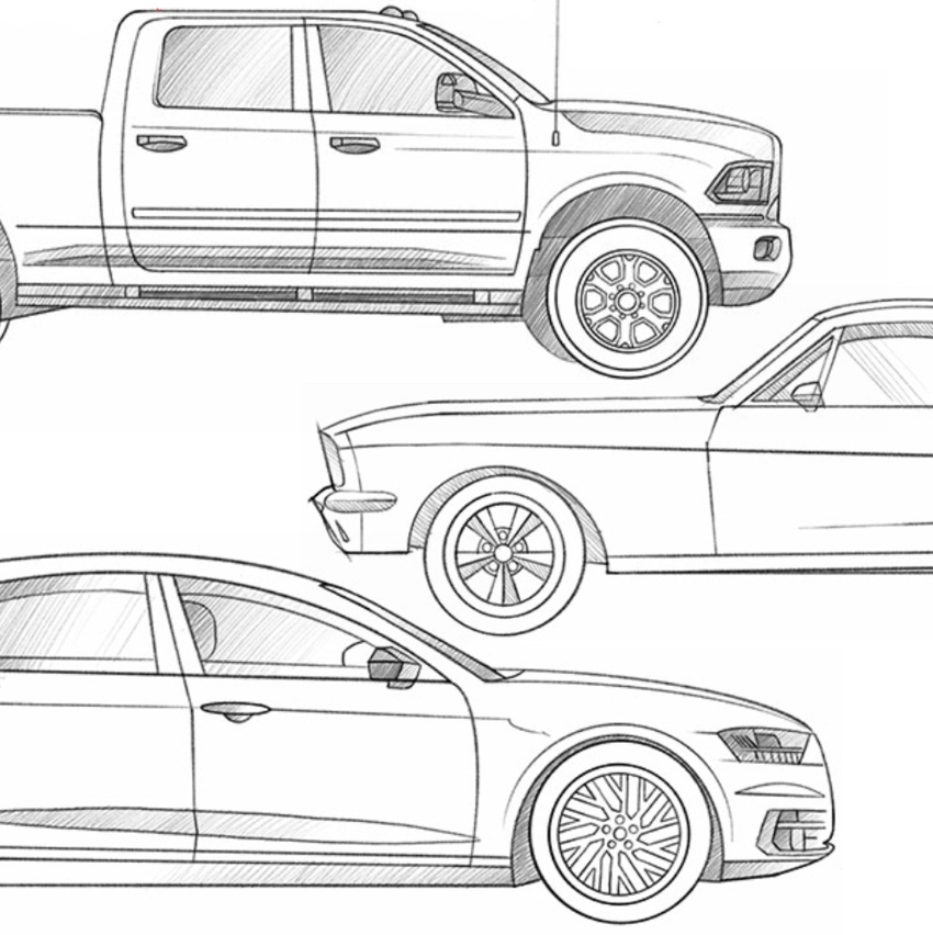 Examples of car drawing tutorials with pickup truck, classic coupe and modern sedan